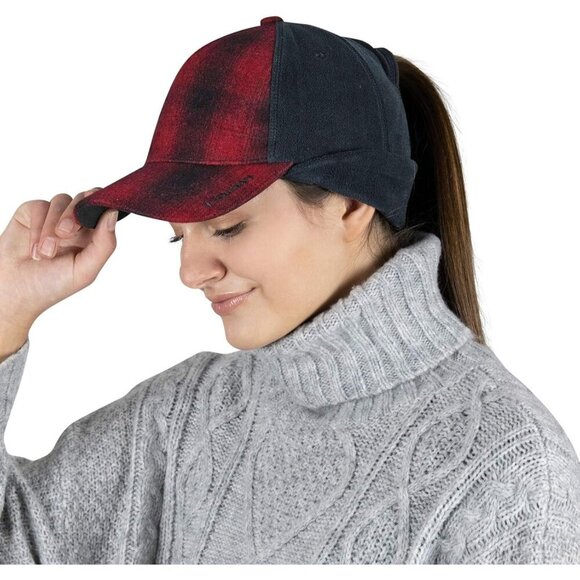 〽️Women’s  Red Plaid Winter Ponytail Trucker Hat with Drop-Down Ear Warmers main image 5